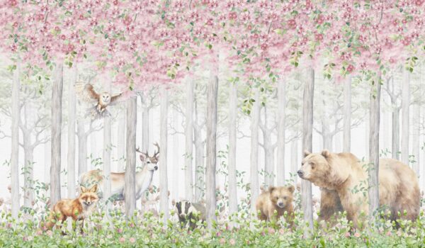 Papier peint Ours et forêt rose