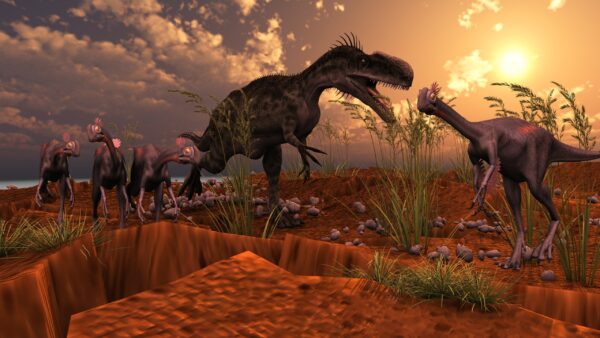 Papier peint Dinosaures au coucher du soleil
