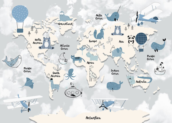 Papier peint Carte du monde des animaux bleus