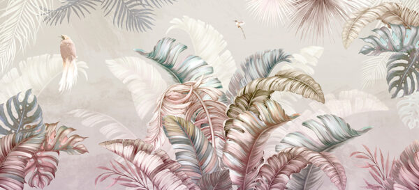 Papier peint Feuilles et oiseaux