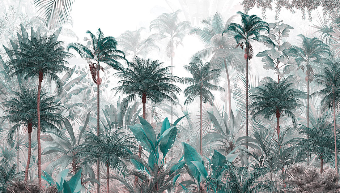 Tropical,Trees,And,Leaves,Wallpaper,Design,In,Foggy,Forest,-