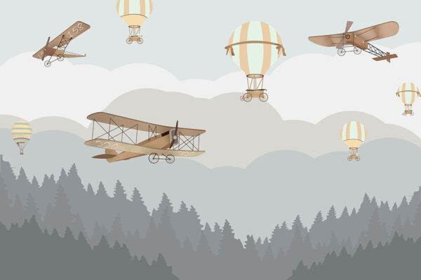 Papier peint Avions et ballons sur fond de nuages