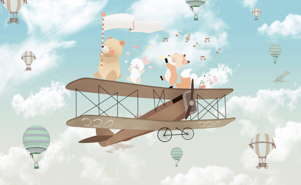 Papier peint Avion avec des animaux parmi des ballons