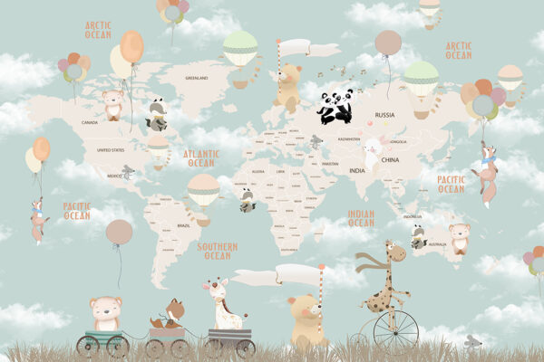 Papier peint Carte du monde avec des animaux colorés