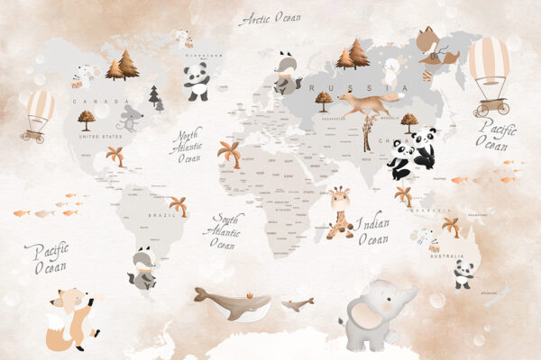 Papier peint Carte du monde Nuances de brun et de gris