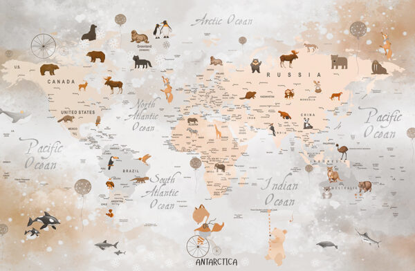 Papier peint Carte du monde avec des animaux en marron