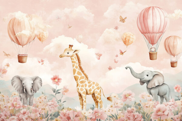 Papier peint Girafe et éléphants parmi les fleurs