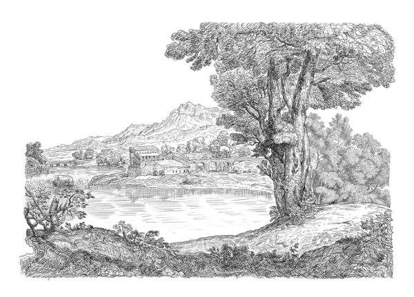 Papier peint Gravure vintage avec forêt et montagnes