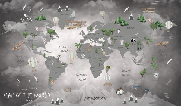 Papier peint Carte du monde en niveaux de gris