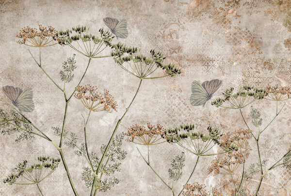 Papier peint Inflorescences d'aneth sur fond à motifs