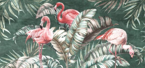 Papier peint Flamants roses enveloppés dans des feuilles