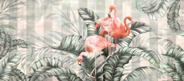 Papier peint Flamants roses dans les feuilles