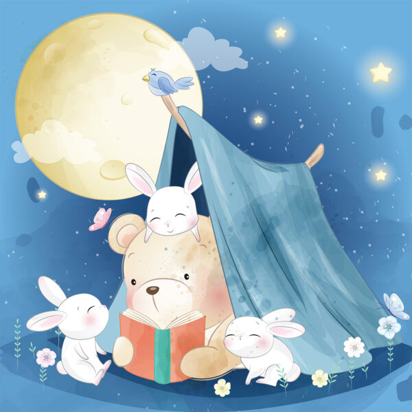 Papier peint Ours en peluche et lapins en camping