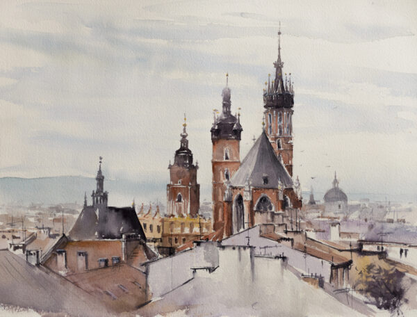Papier peint Cracovie – un panorama de la ville en style aquarelle