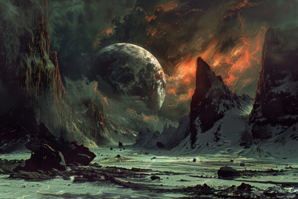 Papier peint Planète extraterrestre au-dessus des terres rocheuses