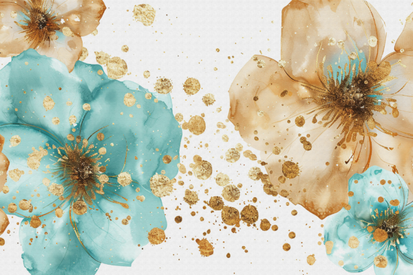 Papier peint Fleurs aquarelles avec de l'or