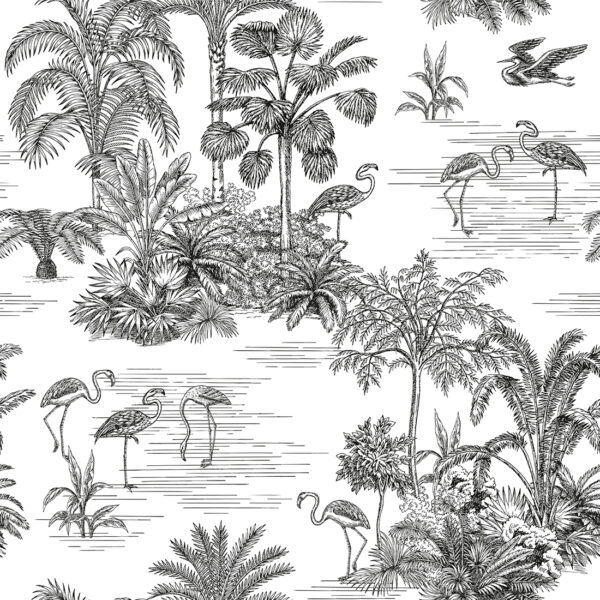 Papier peint Flamants roses noirs et blancs dans la végétation tropicale