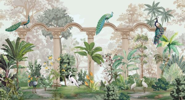 Papier peint Jardin avec des paons